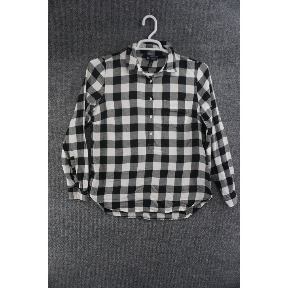 Gap Womens Boyfriend Fit Flannel Popover Shirt Medium Black White Buffalo Plaid